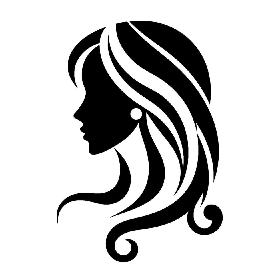 Silhouette of an Elegant Womans Profile with Flowing Hair and Pearl Earring, Minimalist Black and White vector