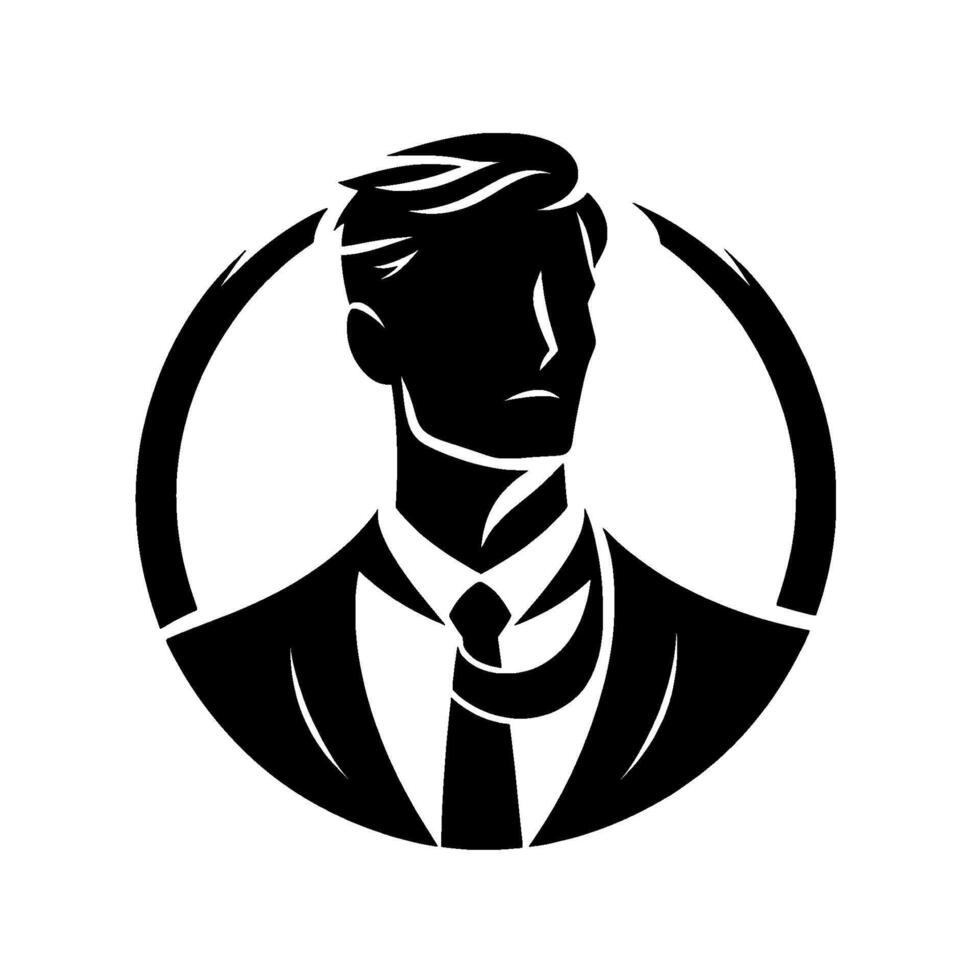 A stylized, monochromatic silhouette of a sophisticated man in a suit and tie, framed by a circle, conveying elegance and confidence. vector