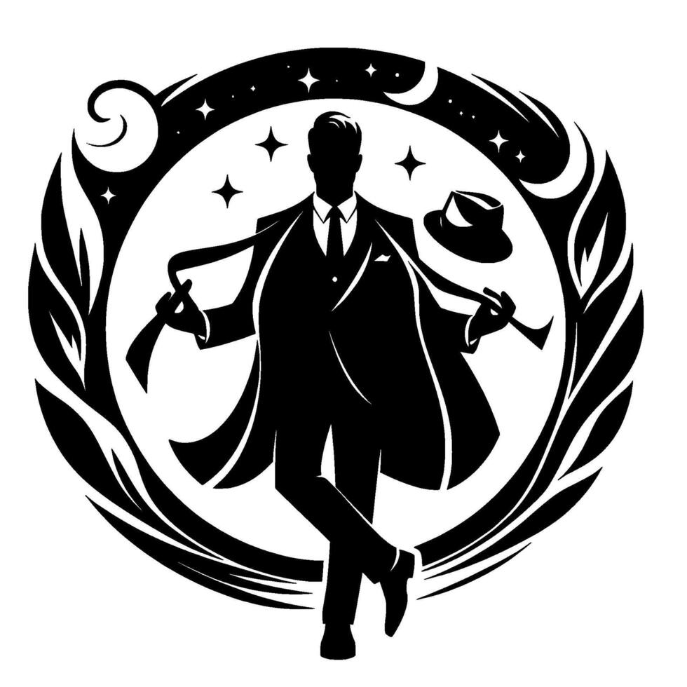 Silhouette of a dapper jazz musician in a suit, holding a trumpet and tie, framed by a celestial, Art Deco inspired . vector