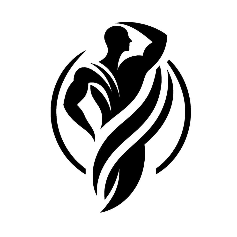 A minimalist black and white of a muscular man flexing inside a stylized , evoking power and strength, set against a plain white background. vector