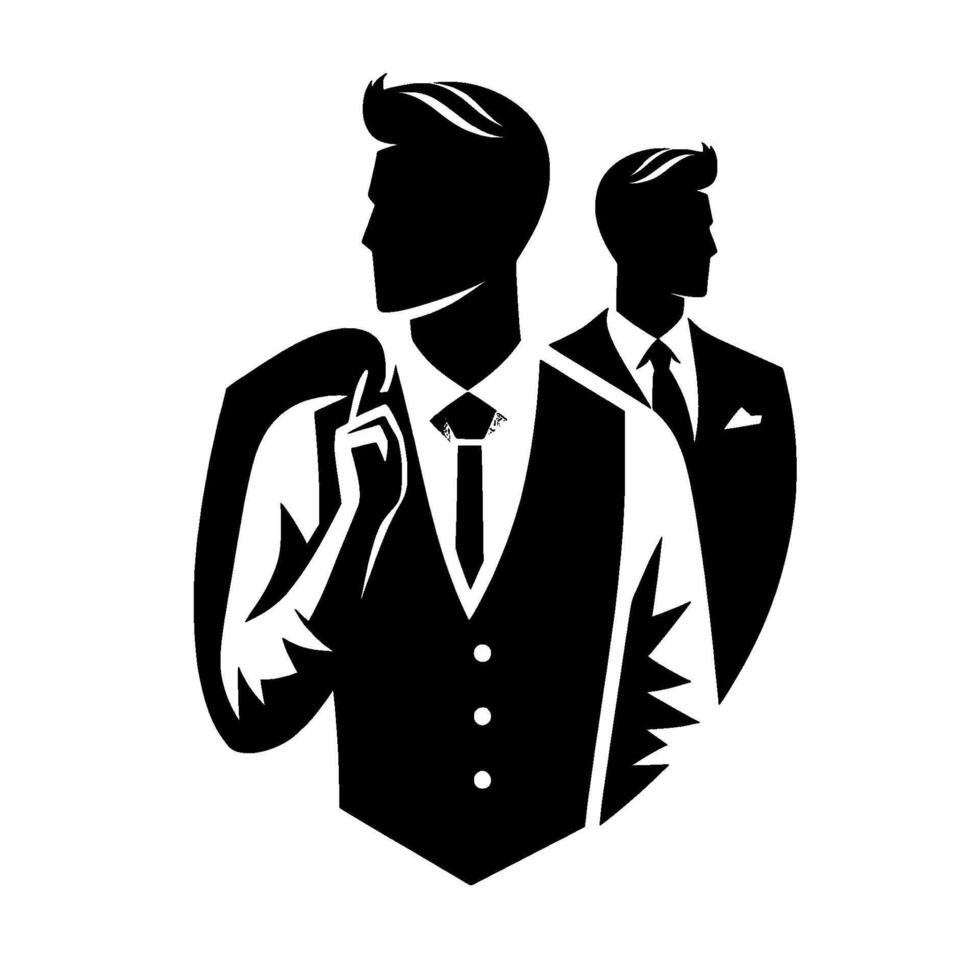 Silhouette of Two Stylish Men in Suits, One with Jacket Over Shoulder, Minimalist . vector