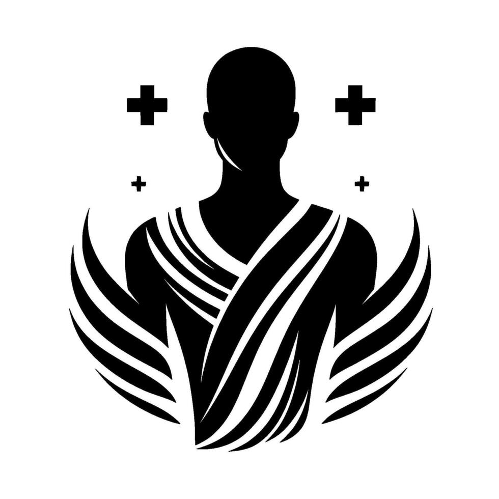 Abstract Silhouette of a Person with Winglike Embellishments and Medical Crosses Minimalist Black and White vector