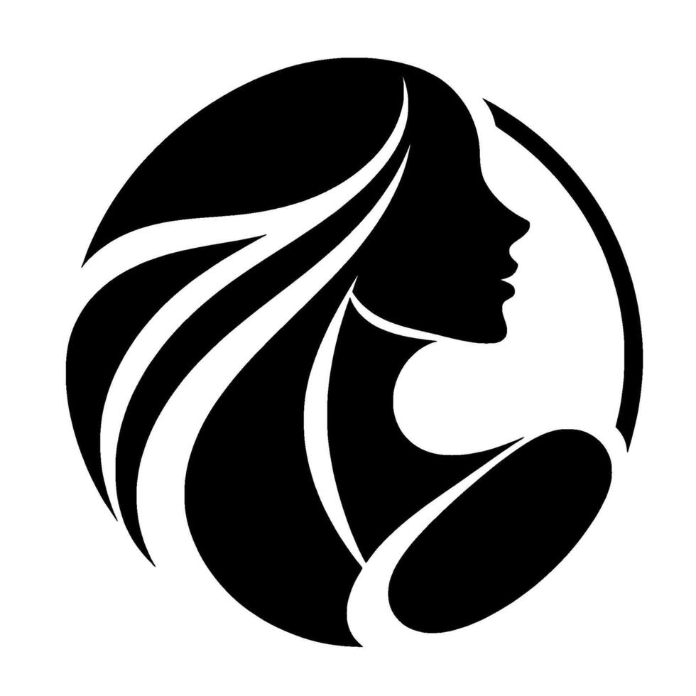 Elegant Silhouette Black and White of a Womans Profile, Hair Flowing in a Circle Frame. vector