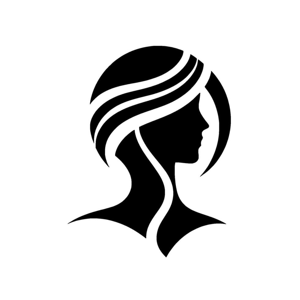 Elegant Silhouette of a Woman with Flowing Hair, Illuminated by a Halo, Depicted in Bold Black Lines Against a Pure White Background. vector