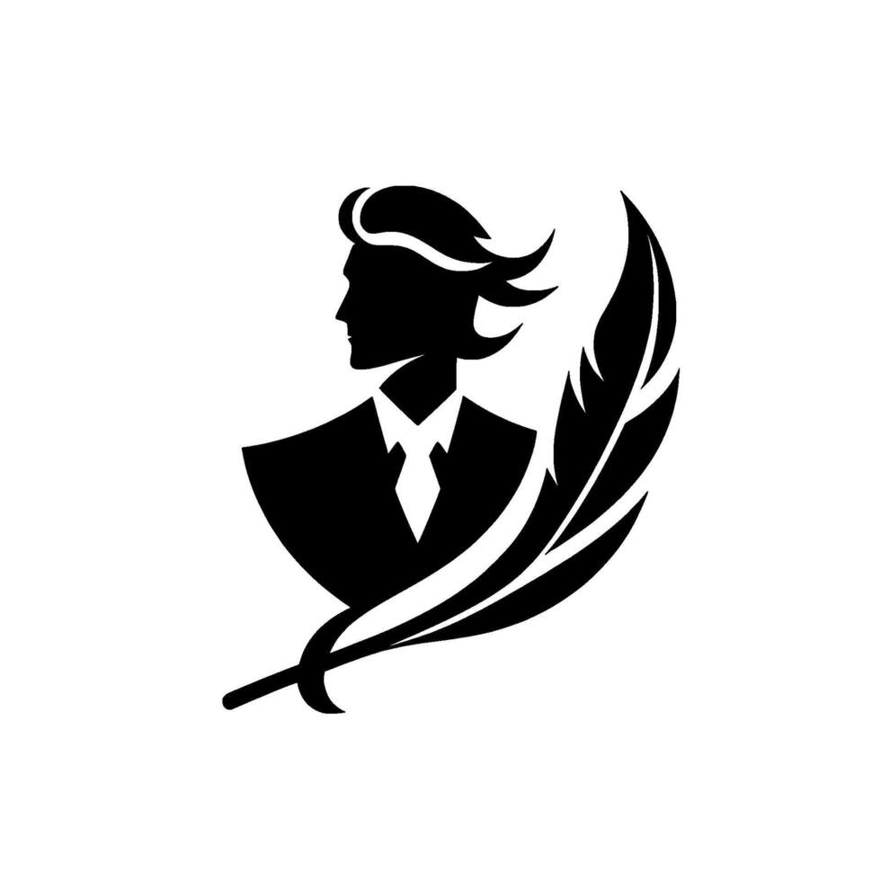 A silhouetted businessman, head and shoulders, paired with a stylized quill, representing legal, intellectual, or creative pursuits. vector