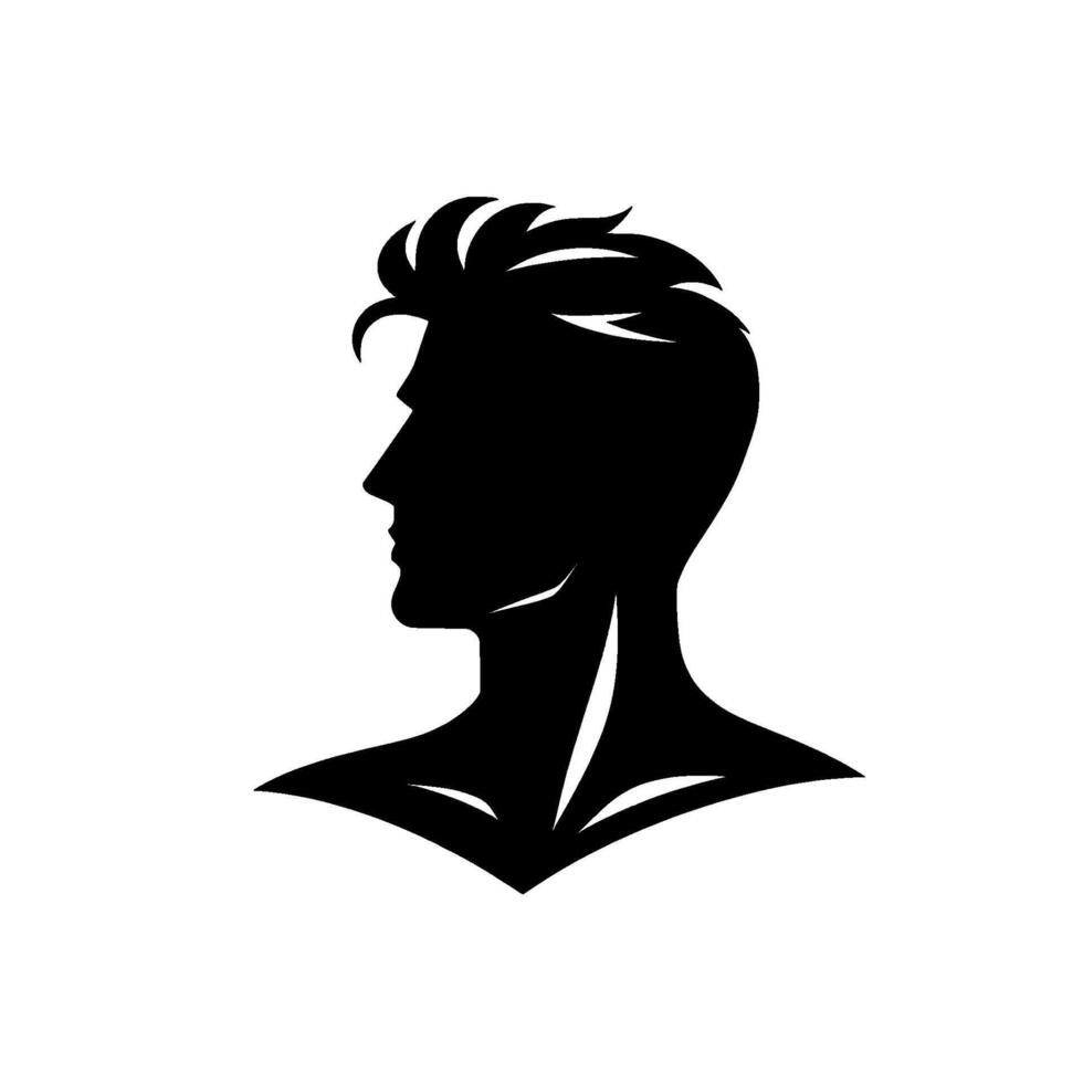Bold Black Silhouette of a Mans Head and Upper Torso, showcasing stylish hair and strong neck, set against white backdrop. vector