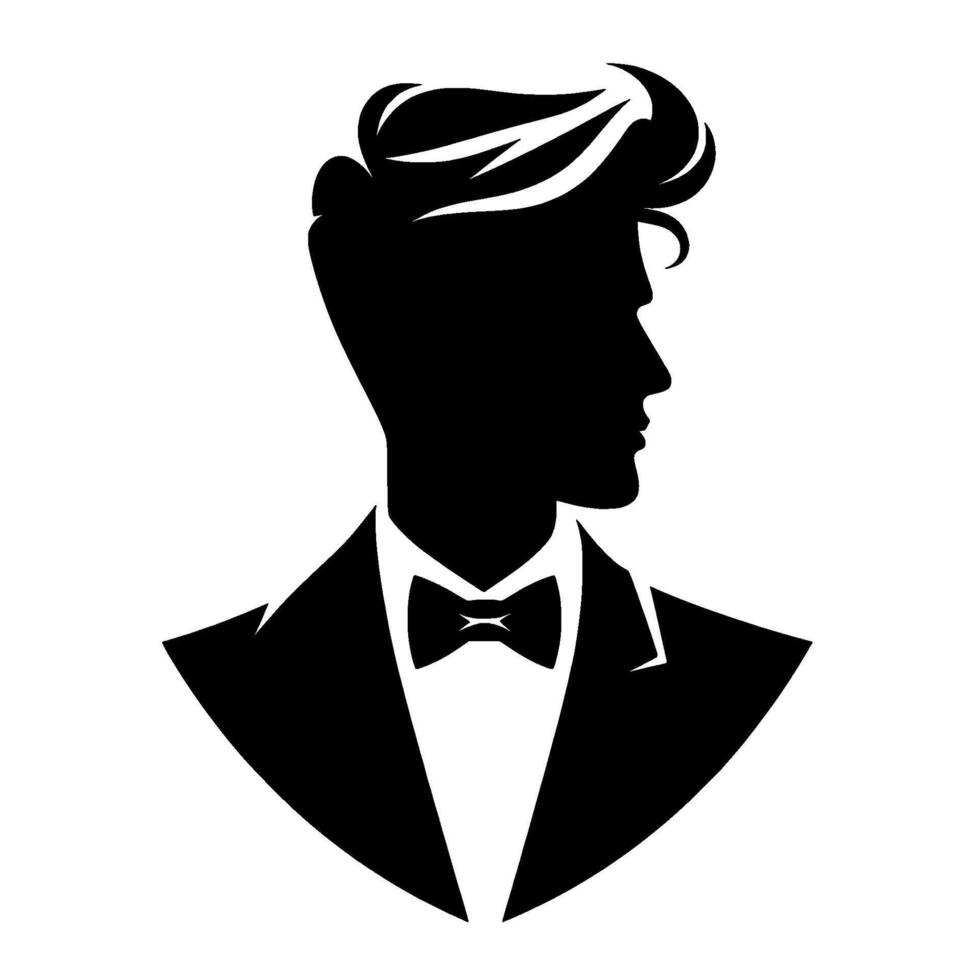 Elegant Silhouette A refined man in formal attire, showcasing stylized hair, a bow tie, and a classic suit jacket against a stark white background, embodying sophistication. vector