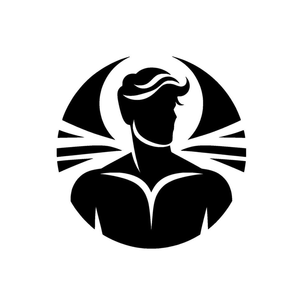 Black silhouette of a muscular man with stylized hair and framing elements, exuding strength and a modern aesthetic, set against a bright white background. vector