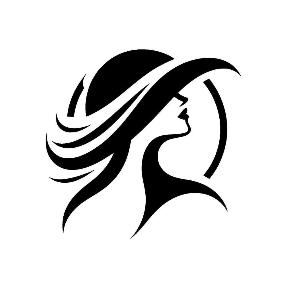 Elegant Silhouette A stylized black and white portrait of a woman wearing a widebrimmed hat, set within a circular frame against a stark white background. vector