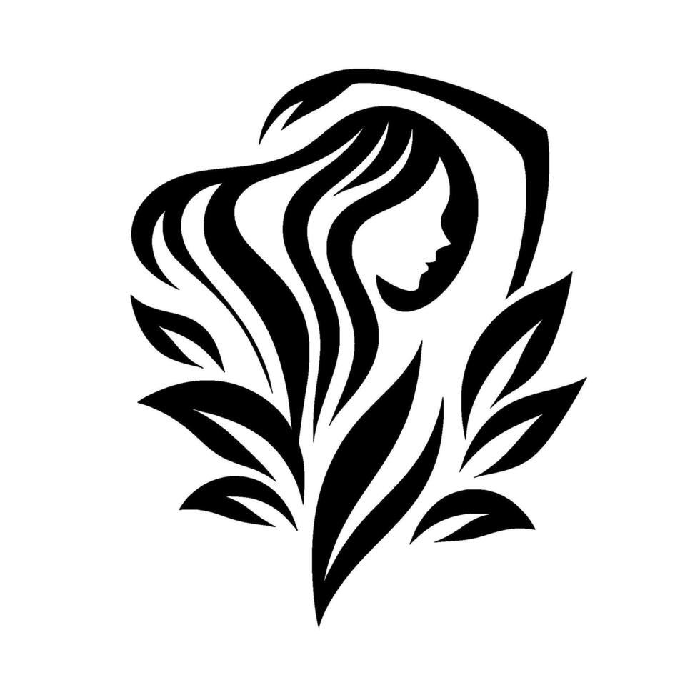 Elegant Black and White Silhouette of a Woman Intertwined with Leaves, Representing Nature and Femininity vector