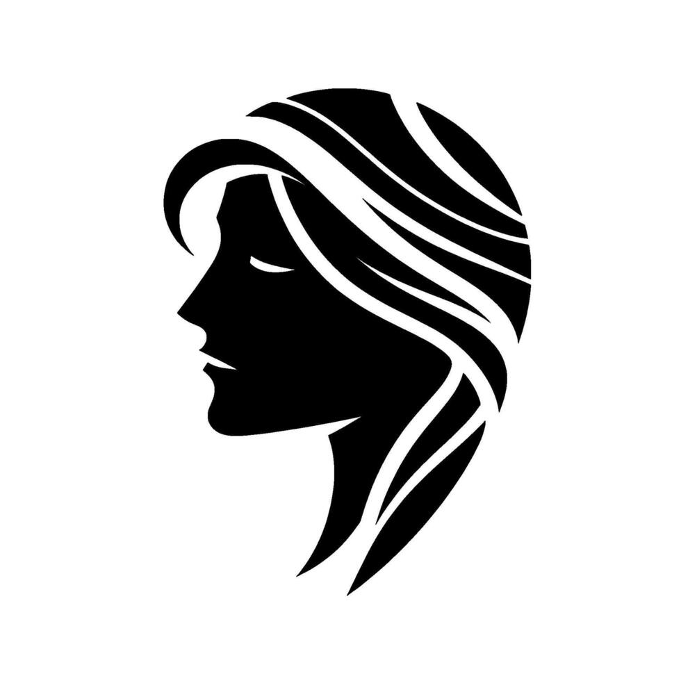 Silhouette of a womans profile, with flowing hair depicted in white lines, set against a stark white background, minimalist . vector