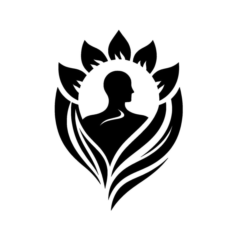 Black and White minimalist of a human silhouette inside a floral emblem, symbolizing growth and inner peace. vector