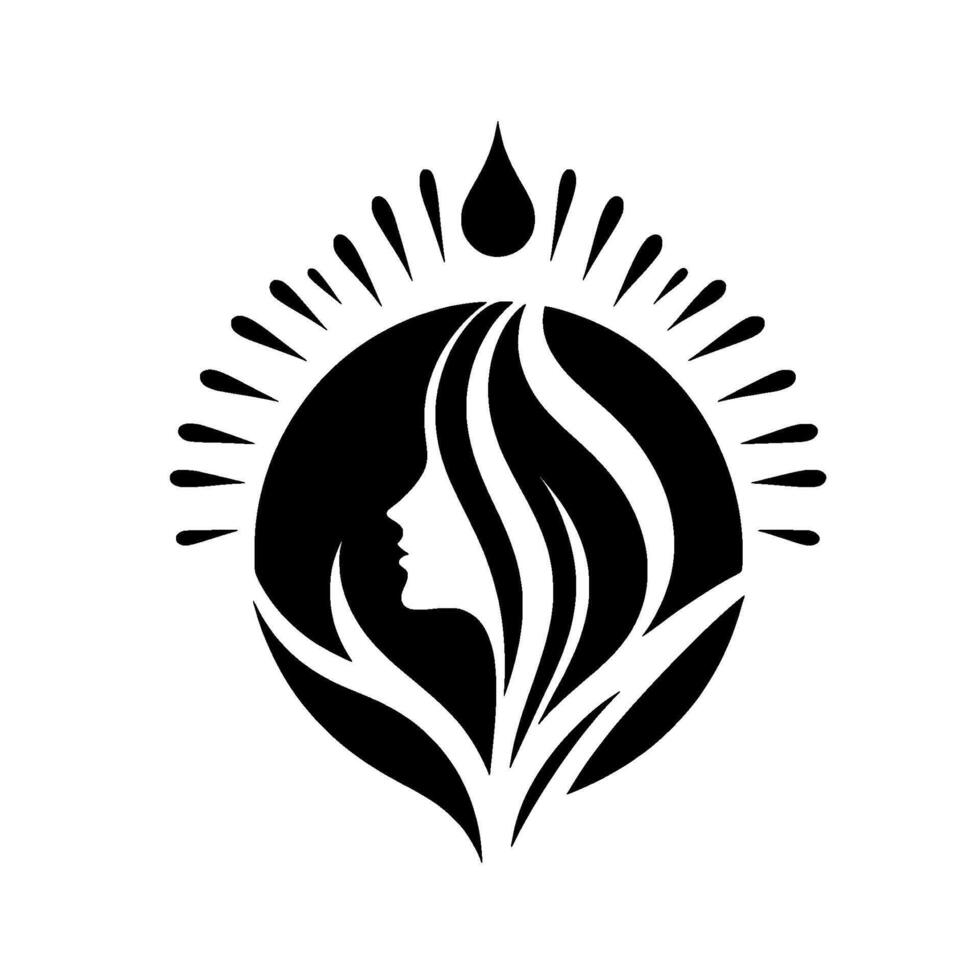 Elegant Black and White Silhouette of a Womans Profile Enclosed in a Circular , with Water Drop and Bursting Sun Rays. vector