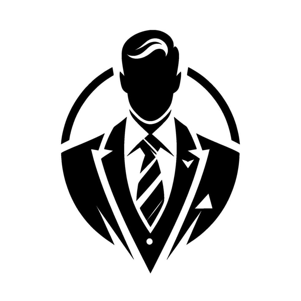 Stylized Black and White Silhouette of a Businessman in a Suit, Within a Circular Frame, Emblem . vector