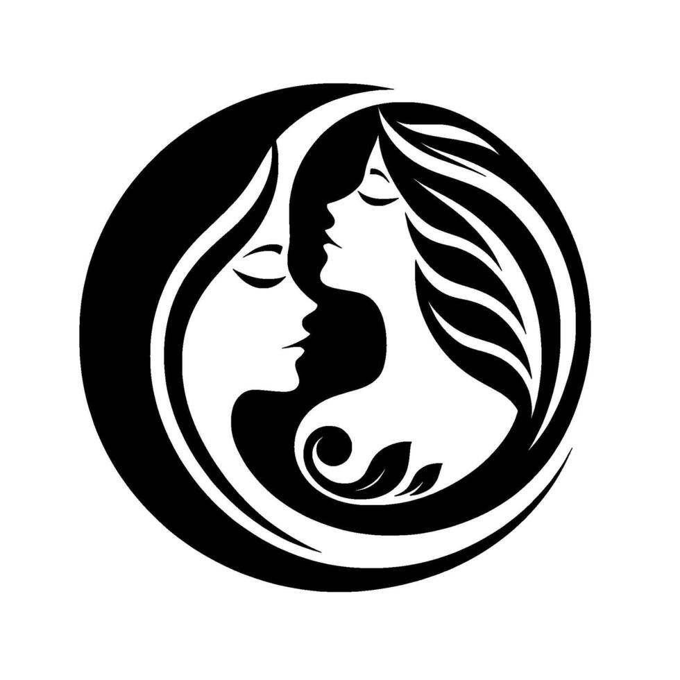 YinYang inspired featuring two womens profiles in a circle, with long hair, stylized leaf, and a minimalist blackandwhite aesthetic. vector