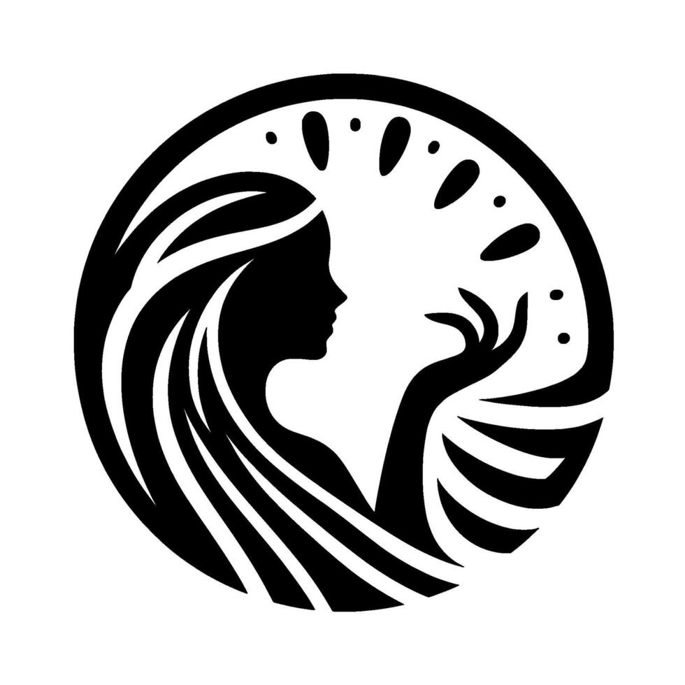 Silhouetted woman within a circle, hair flowing, graceful hand outstretched, surrounded by stylized droplets. vector