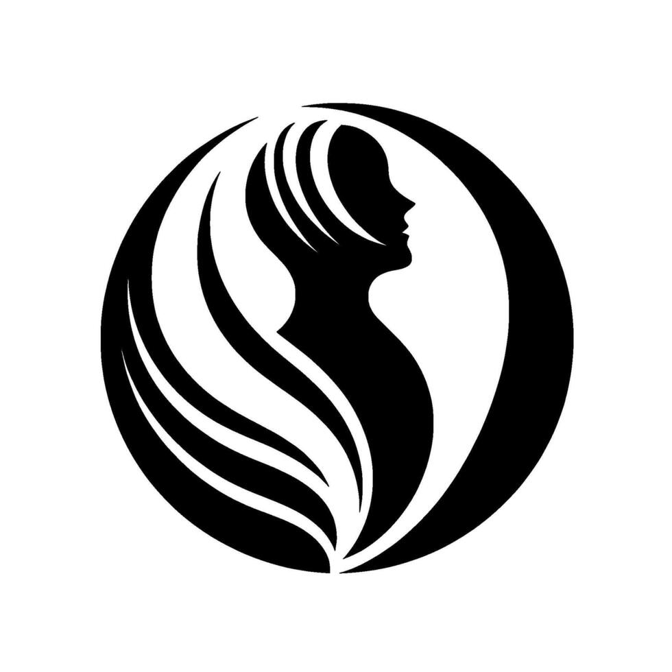 A stylized black silhouette of a womans profile and hair within a circular frame, on a white background, suggesting elegance. vector