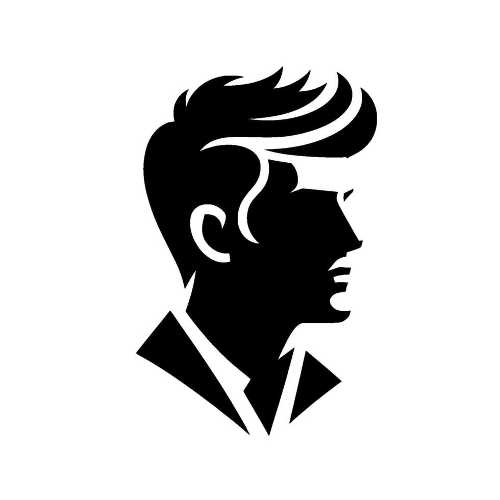 Bold Black and White Silhouette of a Mans Profile with Textured Hair and Suit Collar, Isolated on White. vector