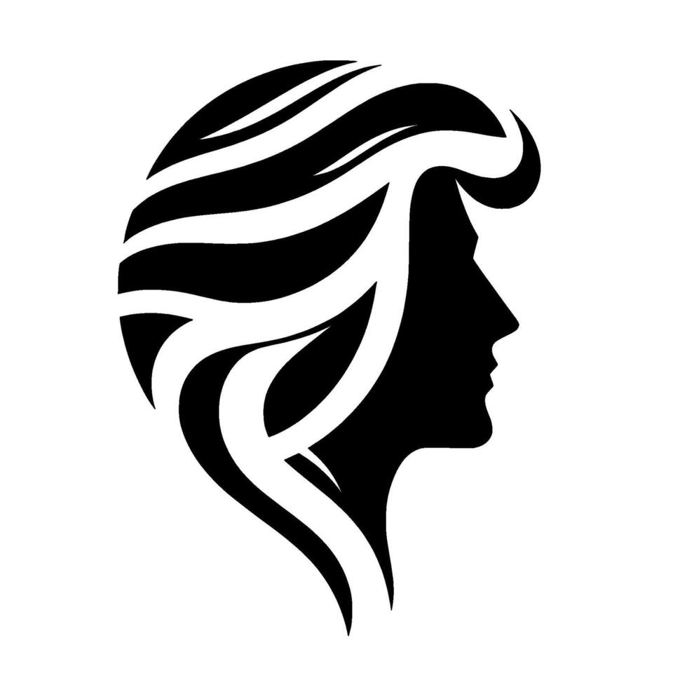 Silhouette of a womans profile with flowing, stylized hair, rendered in highcontrast black and white, showcasing elegance. vector