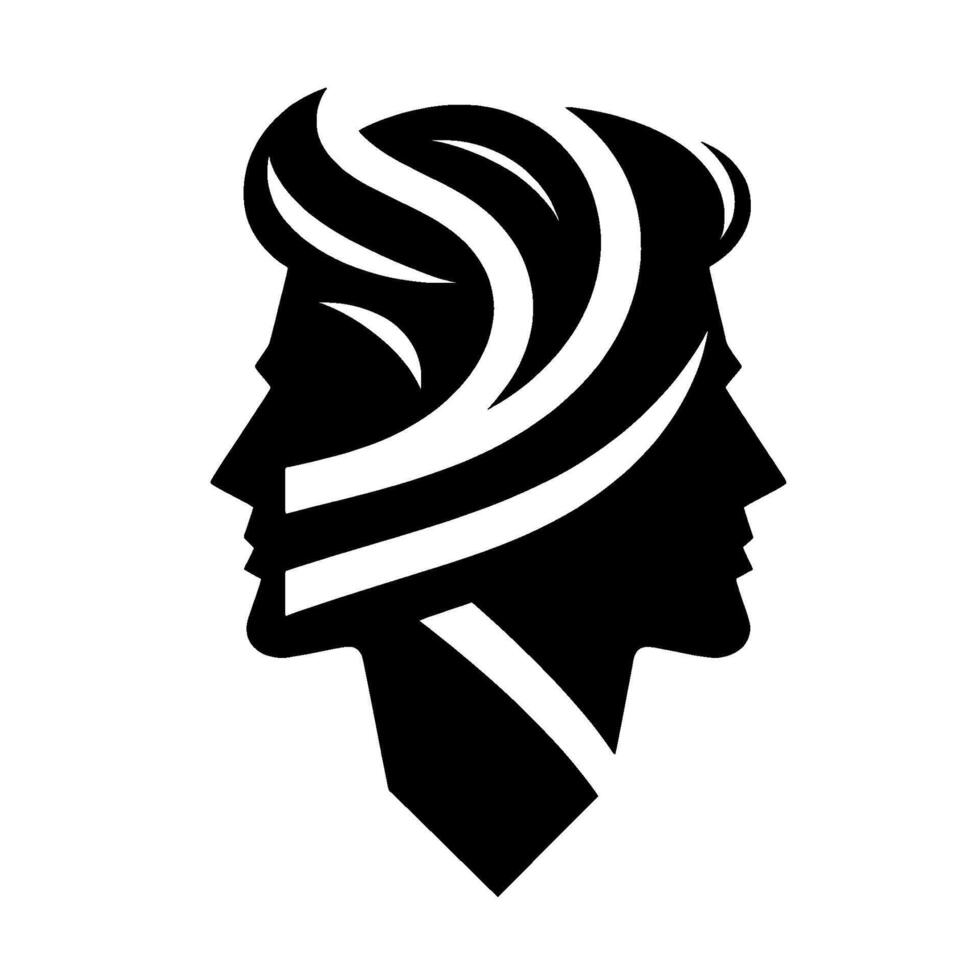 Black and white artistic a stylized profile of two faces merging, with flowing hair, creating a symmetrical . vector