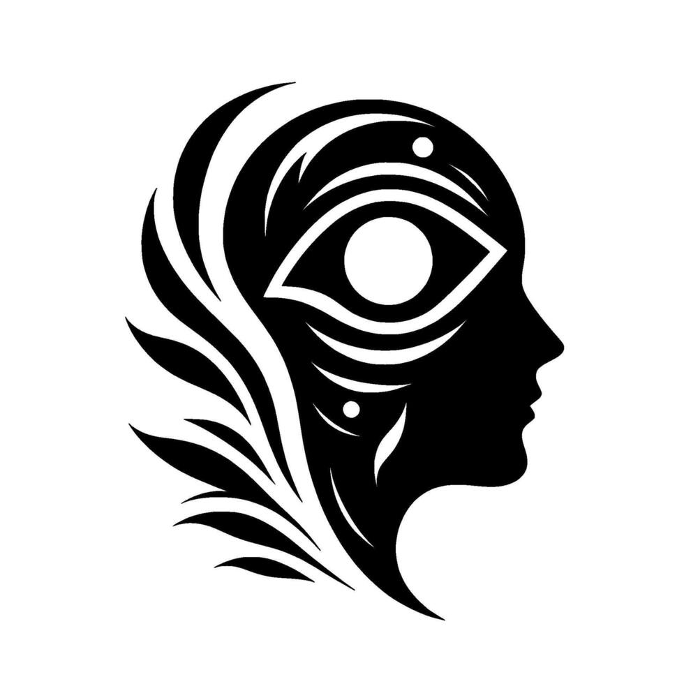 Silhouette of a woman with a stylized eye, incorporating ornamental featherlike shapes, in black on a white background. vector