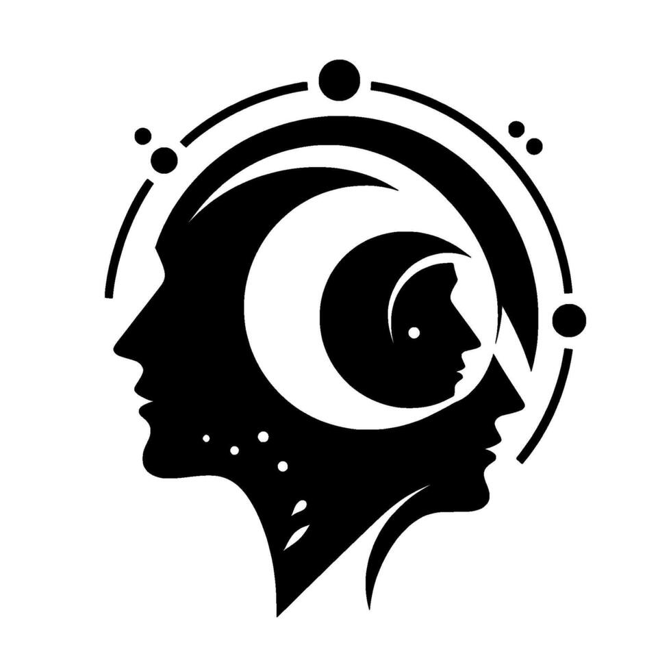 Symbolic Black and White Featuring Intertwined Human Profiles, a Crescent Moon Motif, and Spherical Orbs vector