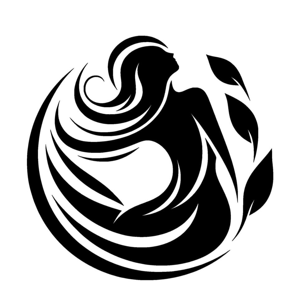 A stylized black silhouette of a woman embracing nature, her flowing hair forming a circular composition alongside leaves, rendered on a white background. vector