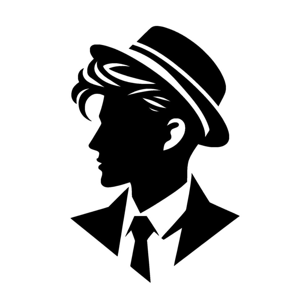 Silhouette Portrait of a Suave Gentleman in a Fedora and Suit, Clean Lines, Contrasting Black White, Side Profile vector