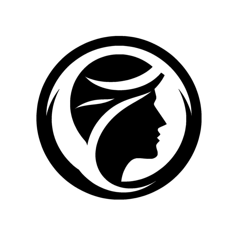 A minimalist black and white , a female profile within a circular frame. The silhouette embodies elegance, sophistication, and modernism. vector