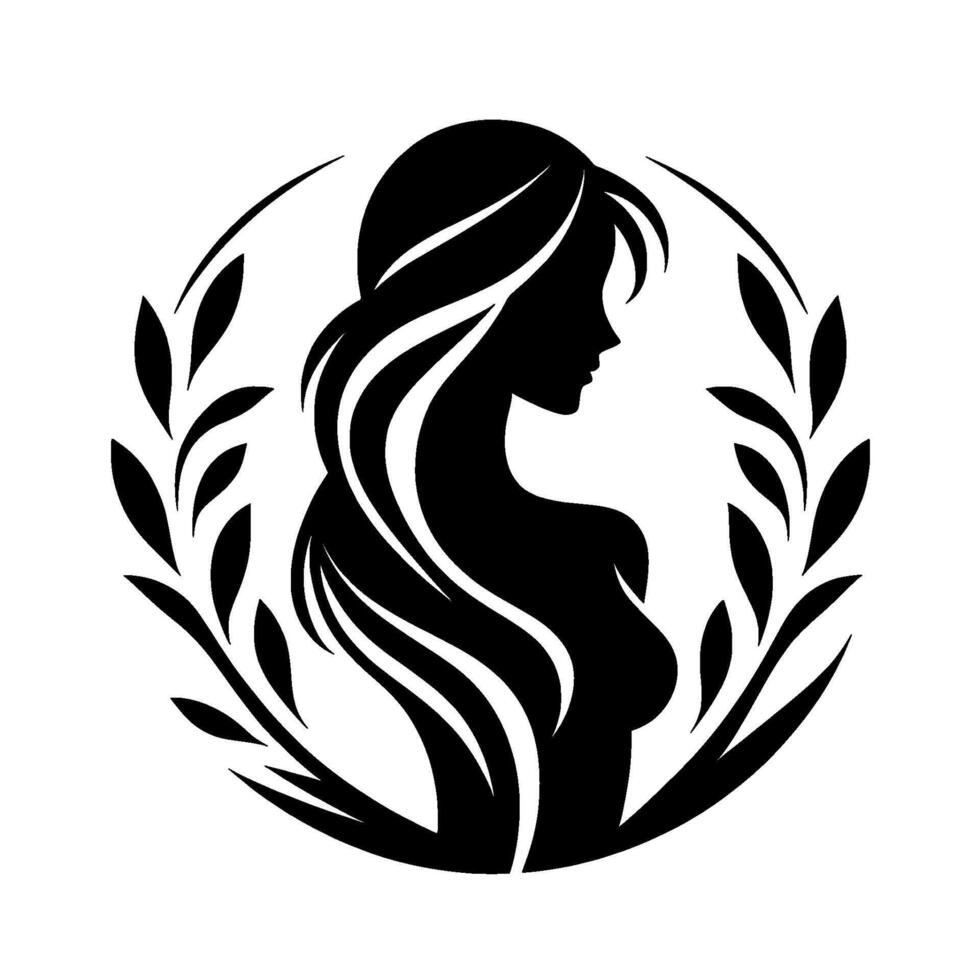 Silhouette of a graceful woman with flowing hair framed within a laurel wreath, minimalist in black and white. vector
