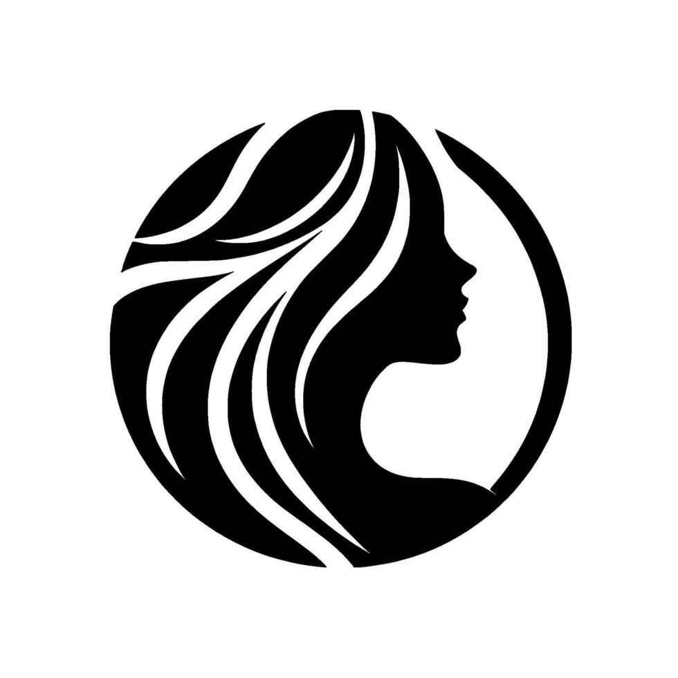 Elegant Silhouette A Black White Depicting a Womans Profile with Flowing Hair Encased within a Circular Frame, Evoking Beauty and Grace. vector