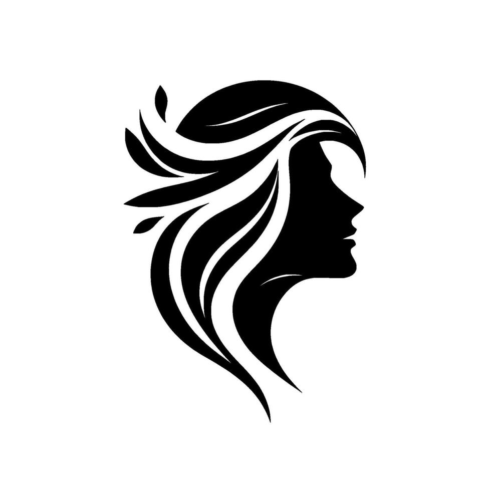 Silhouette of a Womans Profile with Flowing Hair and Leaf Accents, Elegant Black and White . vector