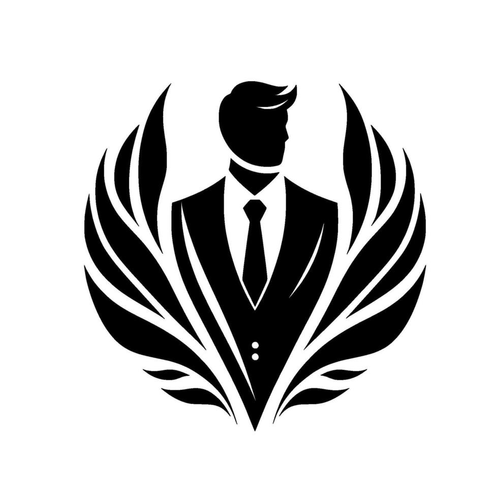 Silhouette of a man in a suit, framed by stylized wings, facing to the right against a white background. vector