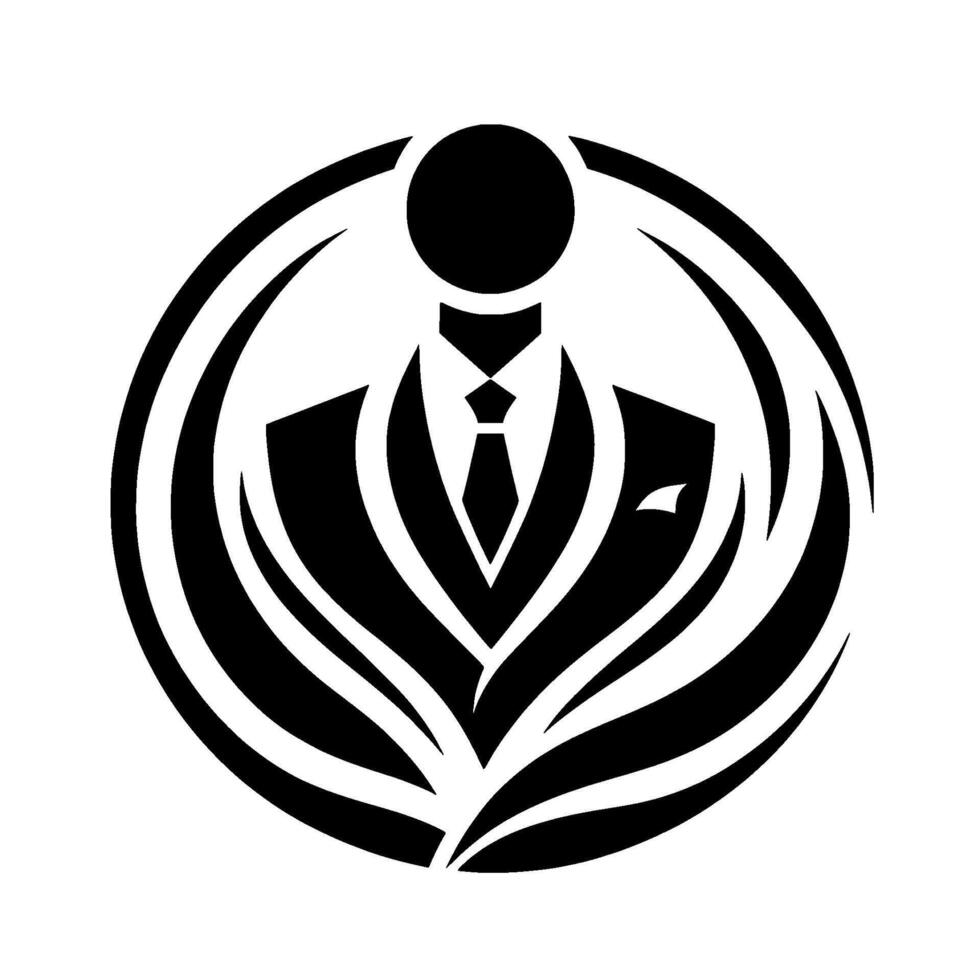 A striking, symmetrical of a suited figure, encased in a circular frame with stylized, flowing lines, rendered in bold black against a pristine white background. vector