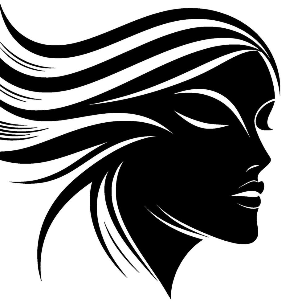 Elegant Monochrome Silhouette of a Womans Profile with Flowing Hair, Serene Expression, and Minimalist Aesthetic. vector