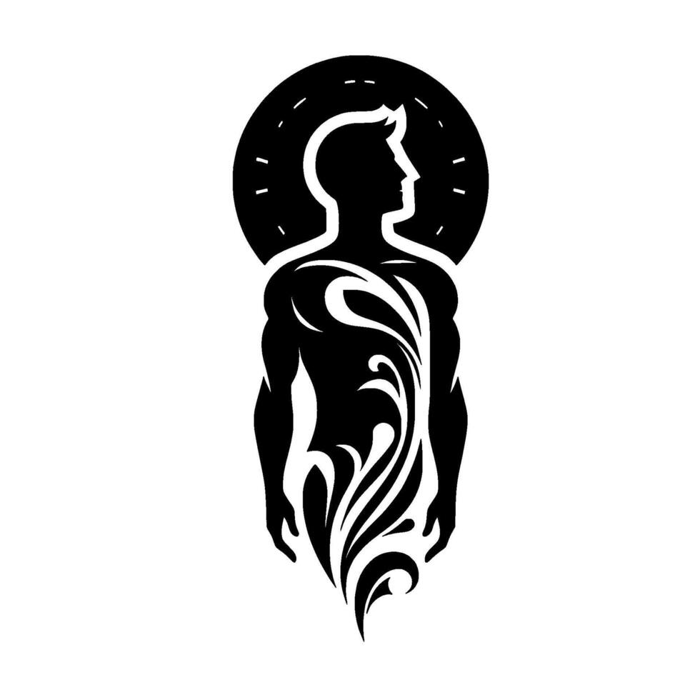 A minimalist black and white illustration depicts a muscular male silhouette adorned with ornate floral designs, encircled by a halo of dashes, symbolizing strength. vector