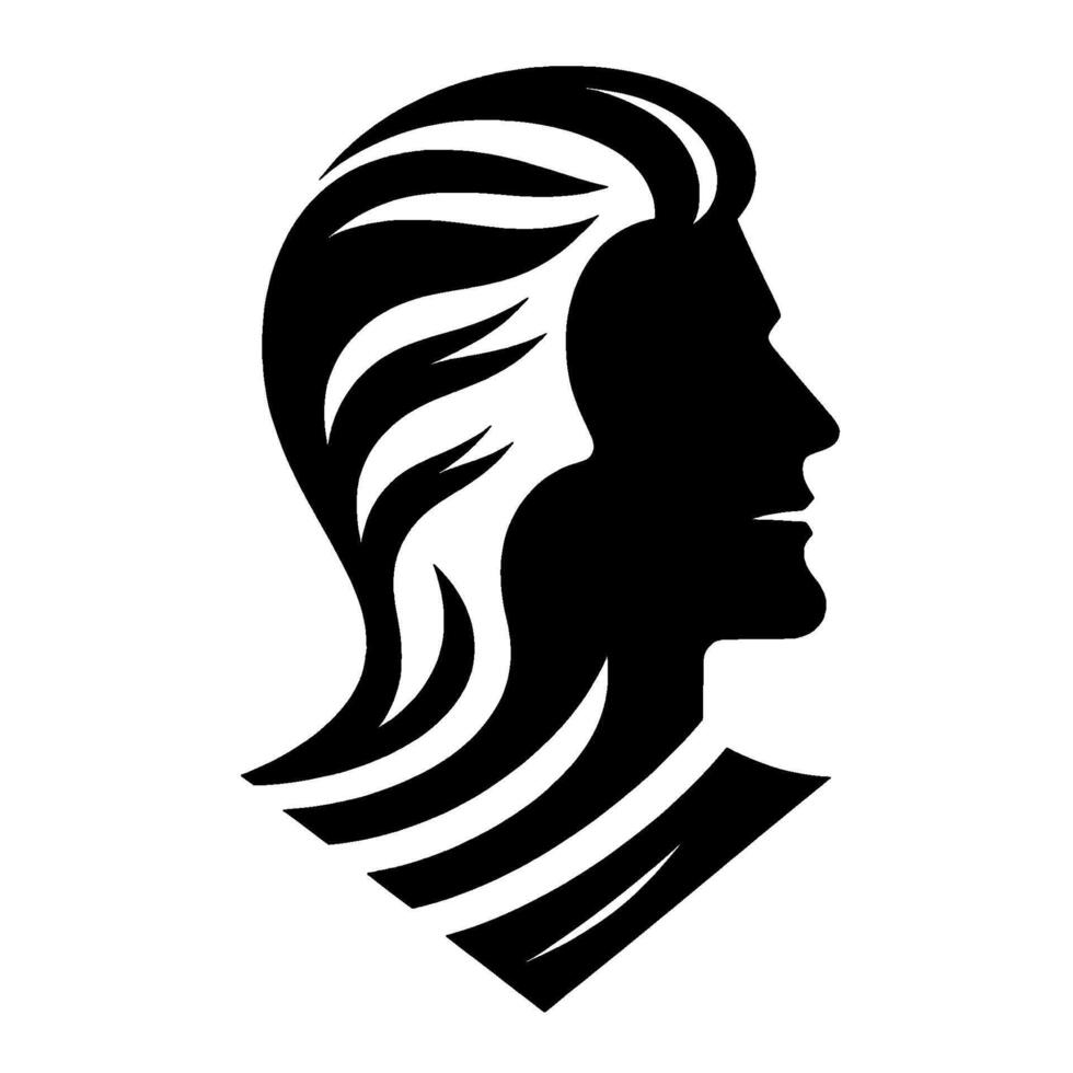 Silhouette of a mans head with a stylish, layered hairstyle and an elegant, defined neck, rendered in a striking black and white illustration. vector