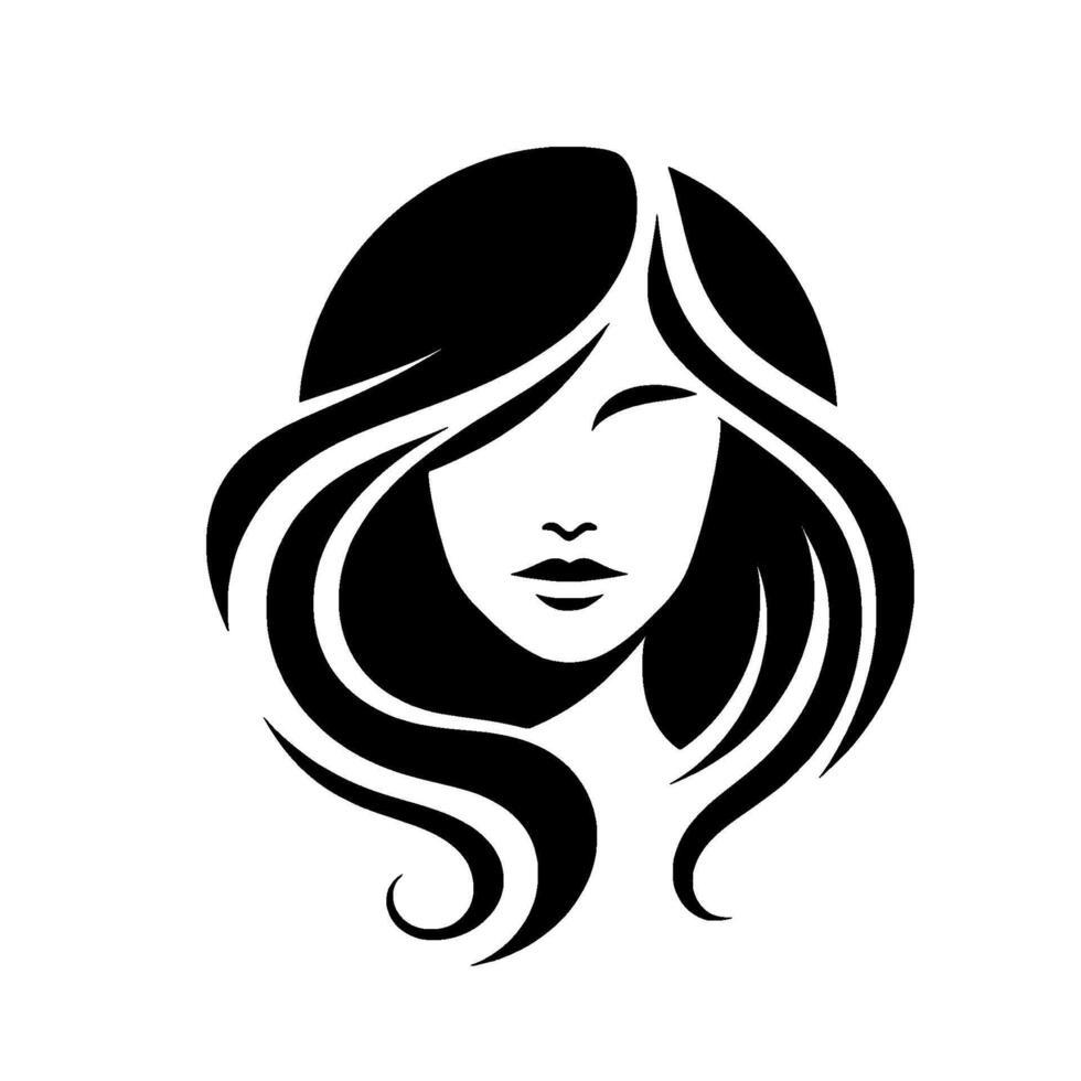Black and White Minimalist Illustration of a Woman with Flowing Hair and Closed Eyes, on a White Background. vector