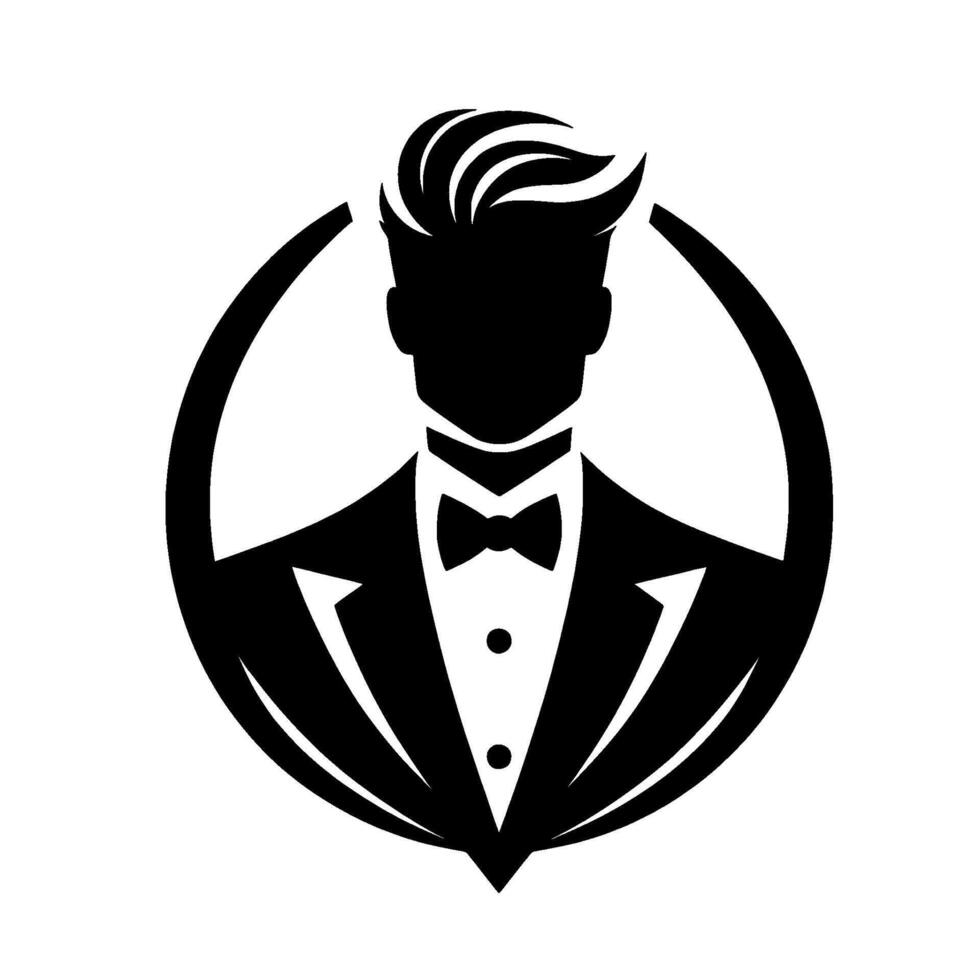 Stylish Silhouette of a Dapper Man in a Tuxedo, Framed Within a Circular , Ideal for Logos. vector