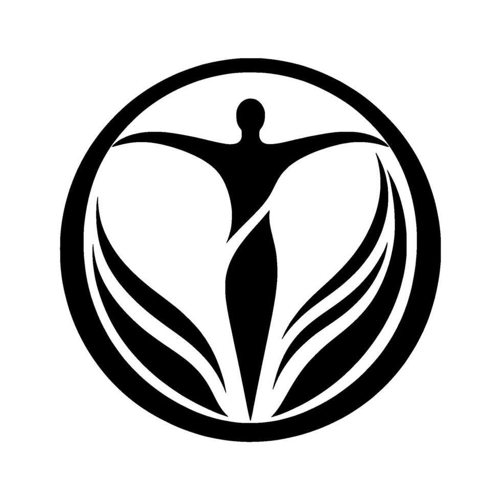 Abstract Silhouette Human figure with outstretched arms encircled by stylized leaflike elements, symbolizing growth and harmony within a circular . vector