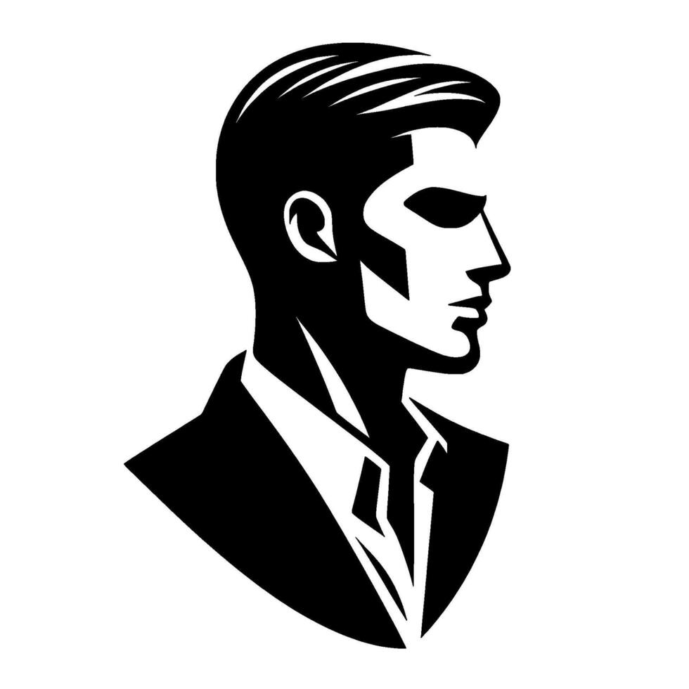 black and white illustration of a stylized man in a suit, profile portrait, bold lines and strong contrast. vector