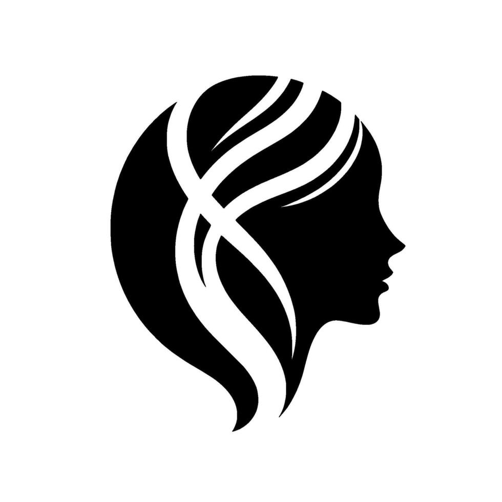 Minimalist Black Silhouette of a Womans Face with Flowing Hair, Set Against a Clean White Background, Emphasizing Grace and Beauty. vector