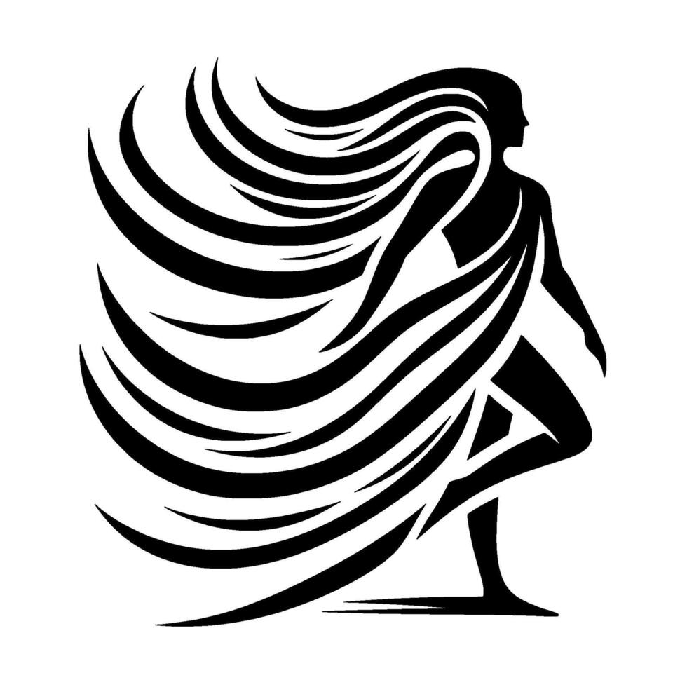 Silhouette of a Running Woman with Flowing Hair and Abstract Body Wrap, Dynamic Black and White Illustration. vector