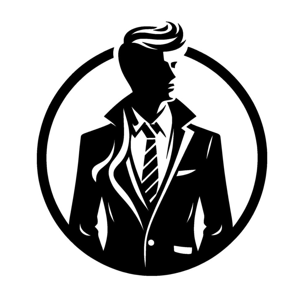 Stylized Monochrome Illustration of a Suave Man in a Suit, Within a Circular Frame, Looking to the Side vector
