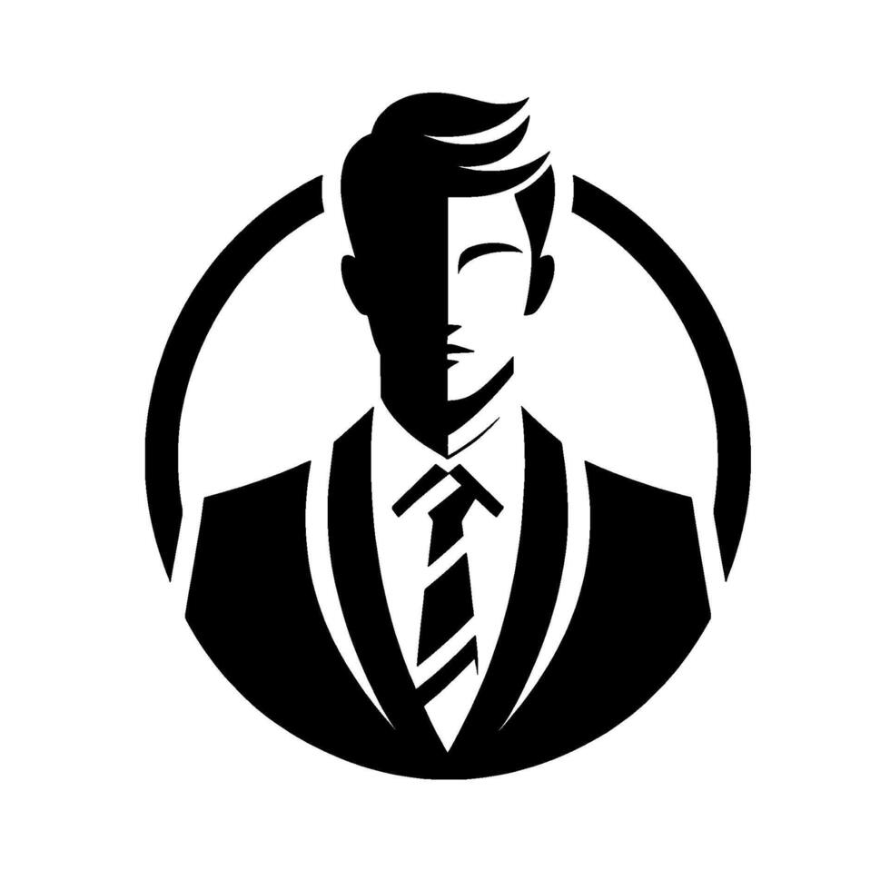 Black and white of a professional man in a suit inside a circular frame, halflit, minimalist style. vector