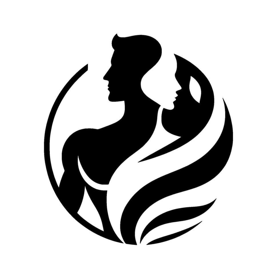 Symbolic Black and White Circular Male and Female Silhouettes, Intertwined in Love and Harmony, Encircled. vector