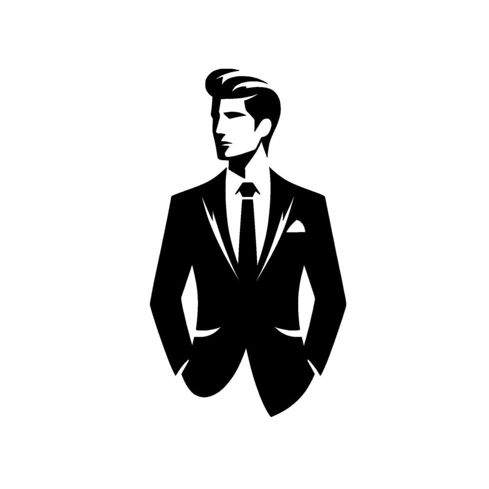 Black and white minimalist illustration of a stylish man in a suit looking to the side with hands in pockets, poised against a clean white background. vector