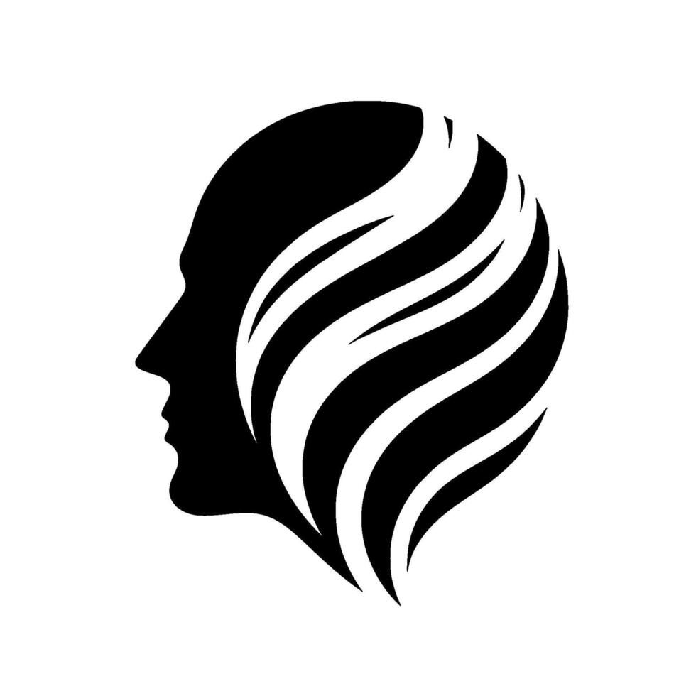 A black and white featuring a human profile with flowing, stylized hair, embodying elegance and minimalism. vector