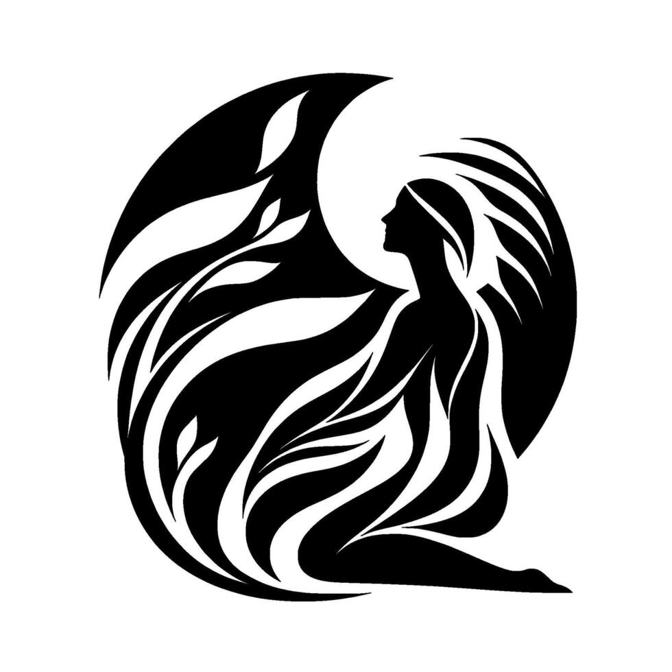 Silhouette of a kneeling woman embraced by abstract leaflike forms within a circular , creating an aura of serenity and nature on a white background. vector