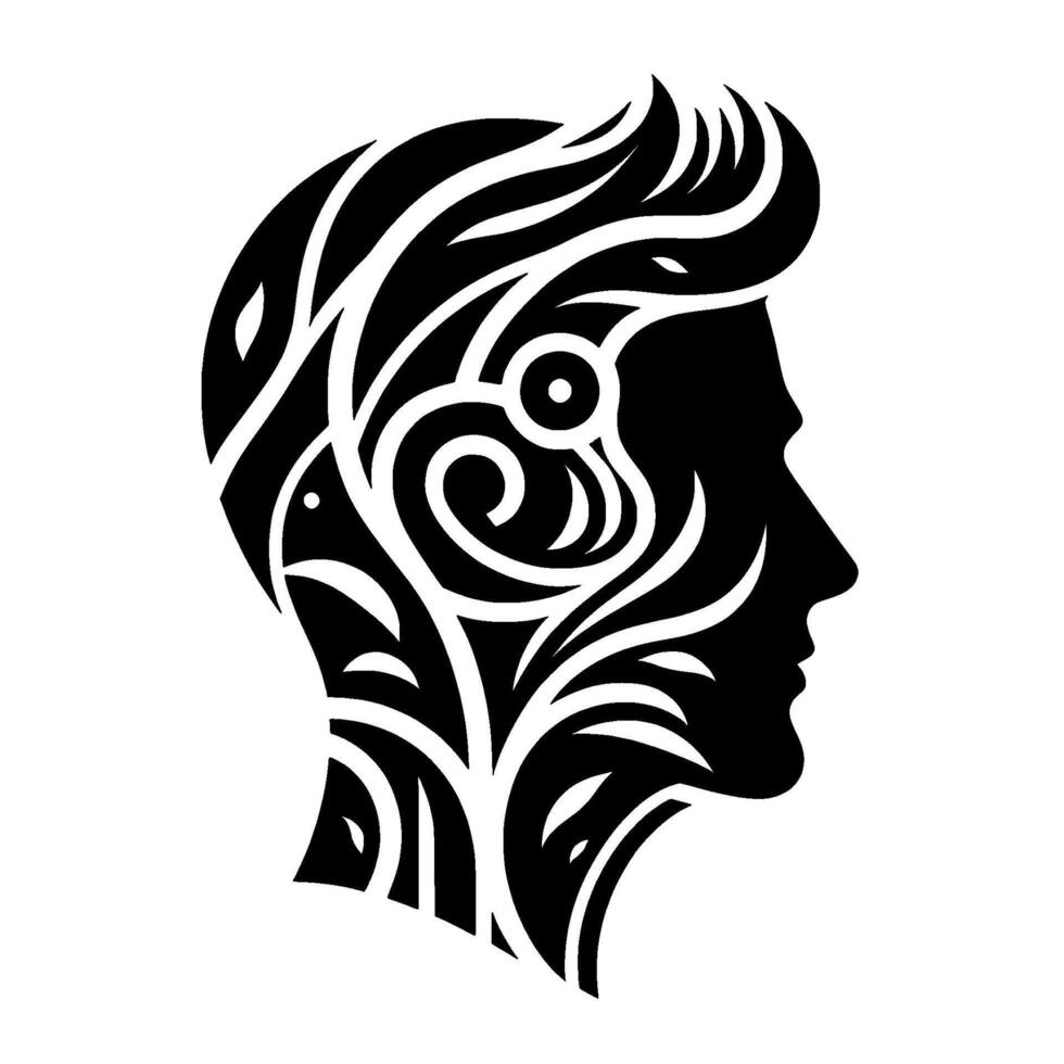 Intricate Tribal Silhouette of a Mans Head Bold Black and White with Artistic Ornamentation on Profile. vector